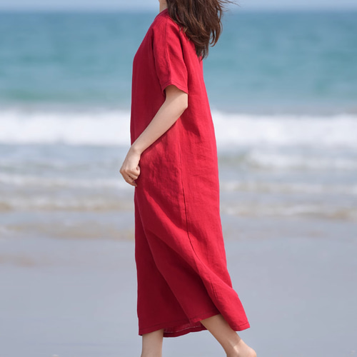 ♪上品.100％亜麻（麻）赤いワンピース・タイドウエスト ゆったり
