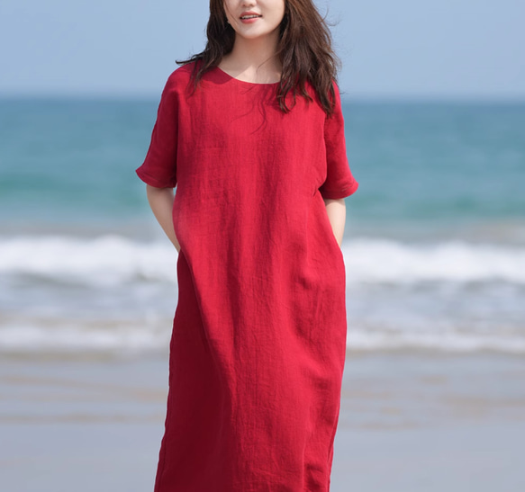 ♡美品　麻100% 上品な赤ワンピース　　　　　　　　　上質リネン100 ♪上品.100％亜麻（麻）赤いワンピース・タイドウエスト