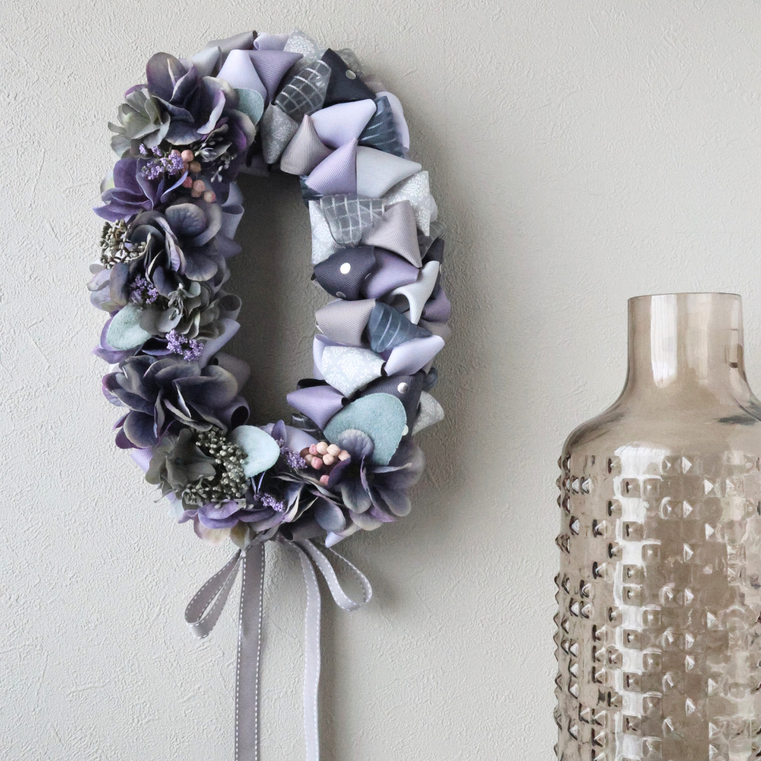 紫陽花のオーバルリース” The Hydrangea " : M  リボン　ギフト　引越し　お祝い　玄関　造花　シック