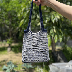 メッシュバッグ　ブルー　ショルダー　夏　編み物　ハンドメイド 2枚目の画像