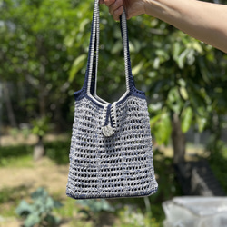 メッシュバッグ　ブルー　ショルダー　夏　編み物　ハンドメイド 1枚目の画像