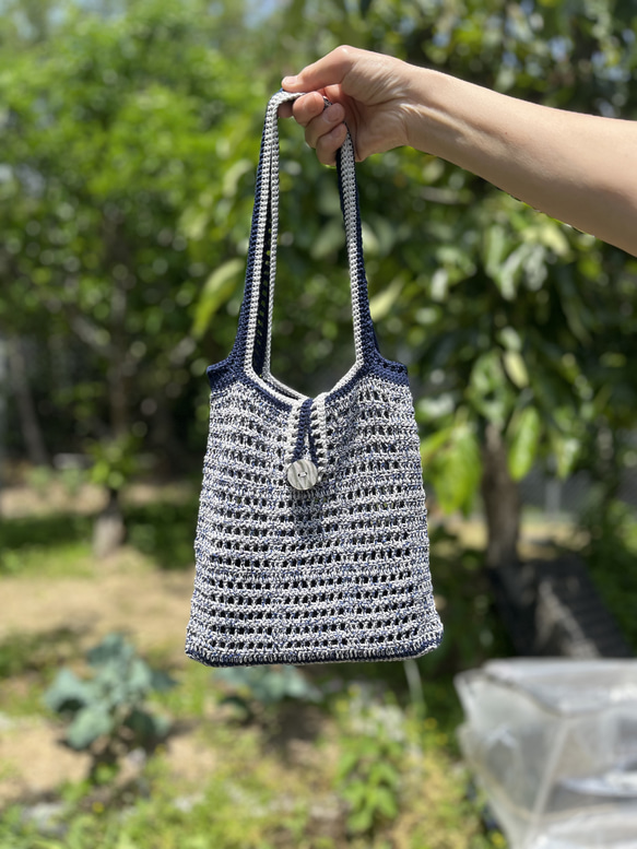 メッシュバッグ　ブルー　ショルダー　夏　編み物　ハンドメイド 1枚目の画像