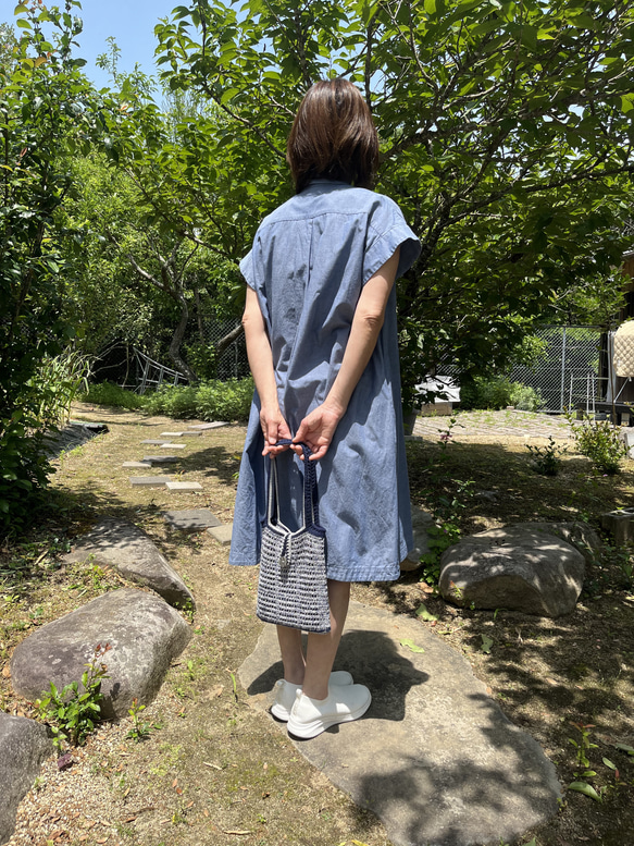 メッシュバッグ　ブルー　ショルダー　夏　編み物　ハンドメイド 5枚目の画像
