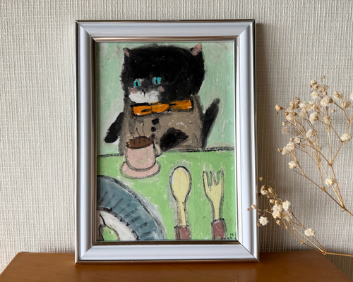 絵画。原画【ドレスを着た黒猫はコーヒーが好きだ】 絵画 アカザ