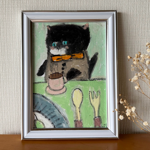 絵画。原画【椅子の上の黒猫がコーヒーを見た】 絵画。原画【黒猫は午後に本を読んだりコーヒーを飲んだりする