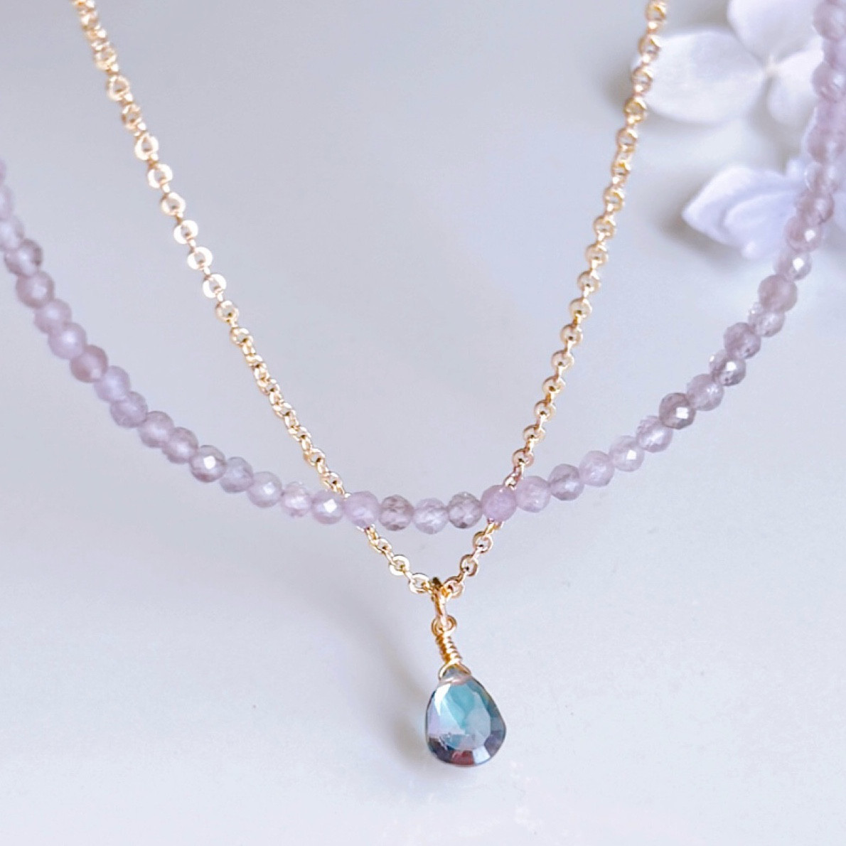 紫陽花カラー アメジスト ミスティックトパーズ ネックレス ２本セット 14kgf 誕生日 プレゼント ギフト 誕生石