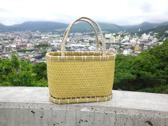 竹かごバッグ よこ型 L ナチュラル色 市場かご 自然色 竹籠バッグ黄色