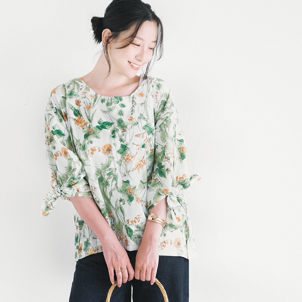 暑い夏にゆったり着られる！袖がリボンのハーフリネンブラウス ホワイト【特集掲載】