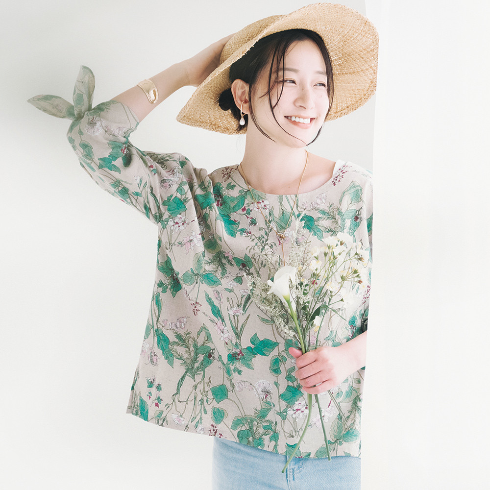 暑い夏にゆったり着られる！袖がリボンのハーフリネンブラウス ナチュラル【特集掲載】ブラウス