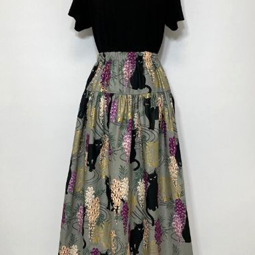 猫 ロング マキシ丈 ギャザースカート 93cm丈 ゴムウエスト 花 黒猫