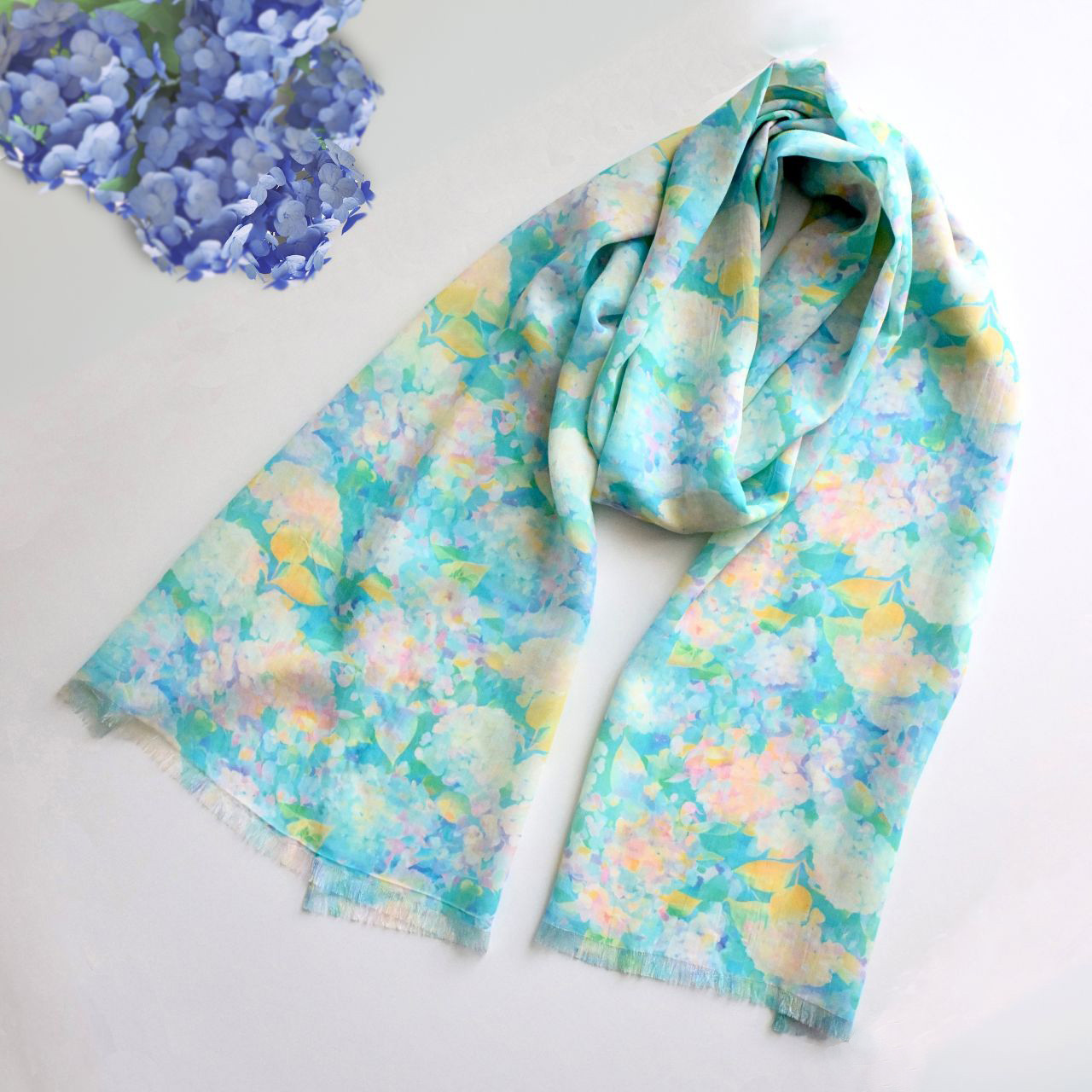 夢色あじさいの花柄大判レーヨンシフォンストール ミントグリーン