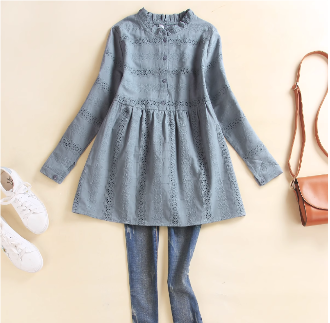 シャツ女レースキクラゲ襟長袖コットン腹隠しドールシャツミディアム丈トップスシャツシャツ女