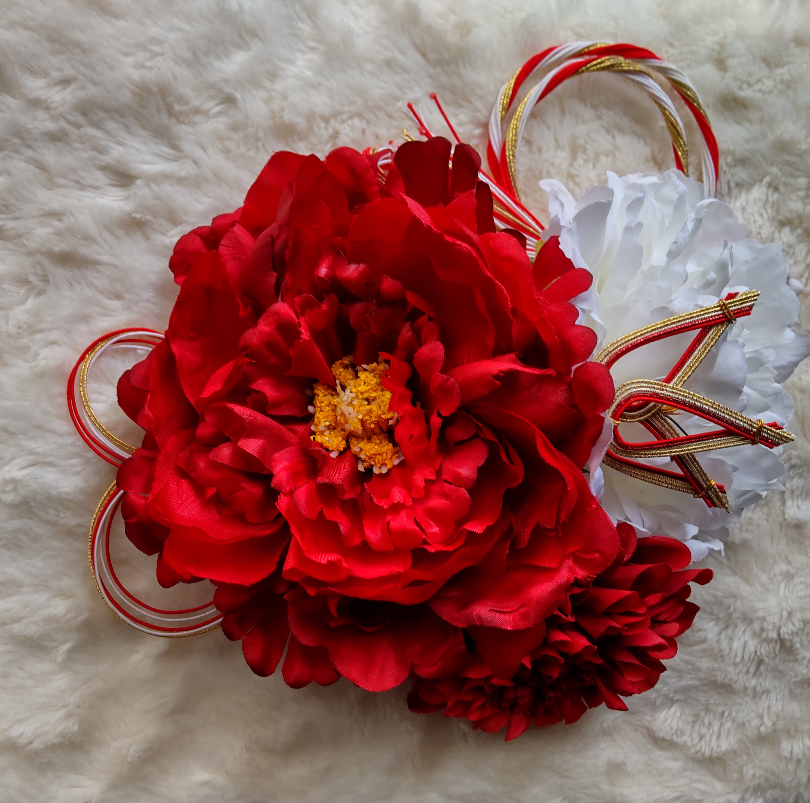 造花髪飾り　紅白ピオニー　赤ダリア