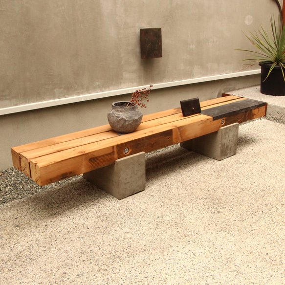 ディスプレイ用ベンチ｜木製×モルタル×ブリキ仕上げ ソファ・ベンチ