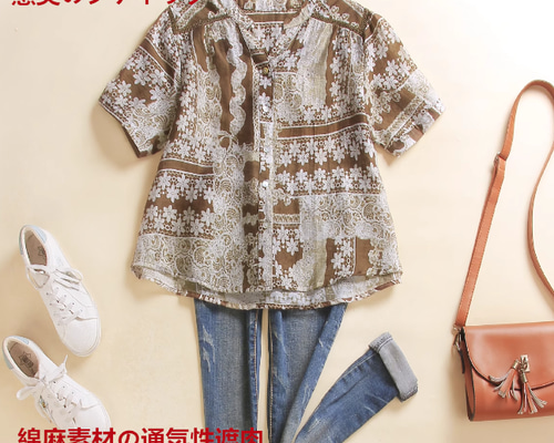 2025春夏　花柄シャツ 花柄シャツ女2025年夏薄手綿麻上着半袖シャツ小柄リネン女装。遮