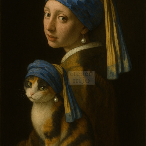 猫 アート 絵画】真珠の耳飾りの少女と猫 A4 額装 証明書付 サイン入り