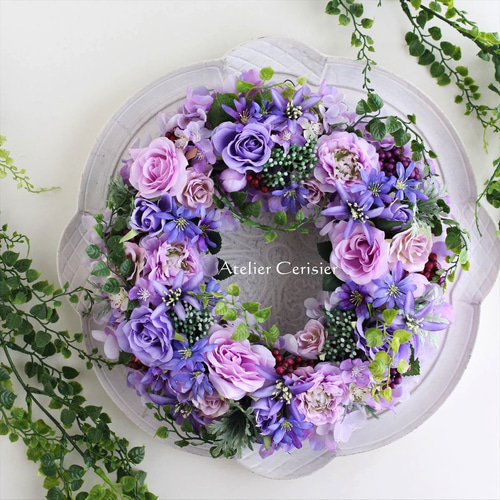 商品名【紫苑】パープル系♥ローズのフラワーリース　玄関リース 商品名【紫苑】パープル系♥ローズのフラワーリース 玄関リース 母の日