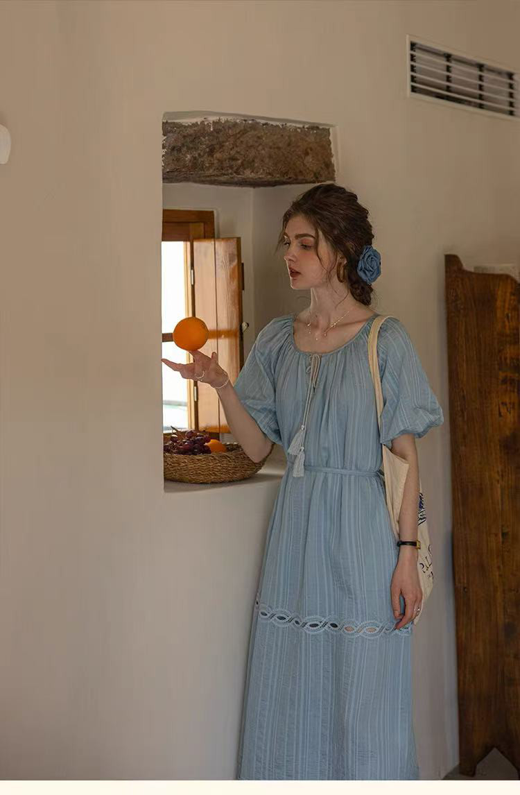 ラウンドネック　ベルト付きロングワンピース　半袖ワンピース　インナー付き