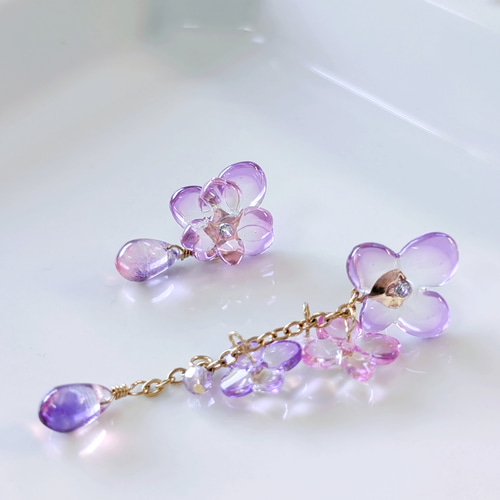 アシンメトリー パープル 紫陽花 ピアス イヤリング 金属アレルギー