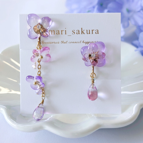 アシンメトリー パープル 紫陽花 ピアス イヤリング 金属アレルギー