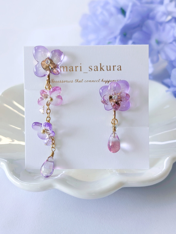 アシンメトリー パープル 紫陽花 ピアス イヤリング 金属アレルギー