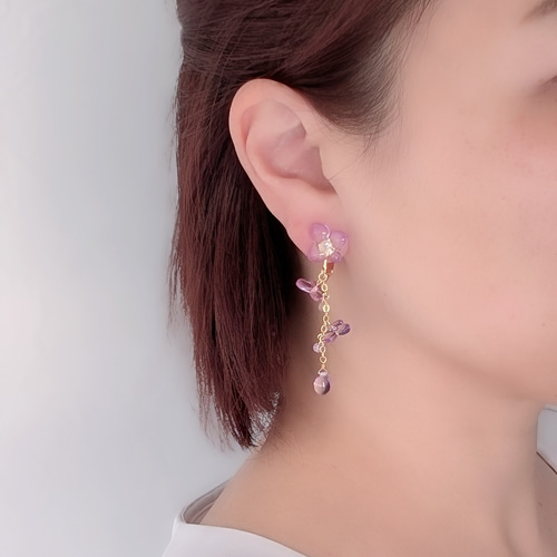 アシンメトリー パープル 紫陽花 ピアス イヤリング 金属アレルギー