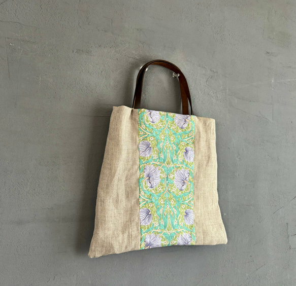 【SALE】【一点のみ】【即納】ウィリアムモリス　ピンパネル　ミニトートバック麻 5枚目の画像