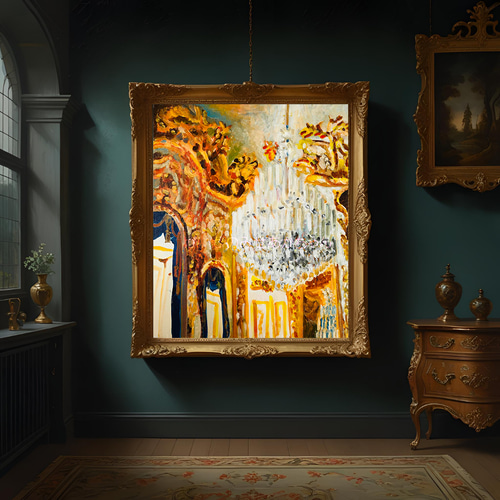 38×46㎝「シャンデリア」F8・油彩画・額装・原画 N 絵画 かいがのみせ