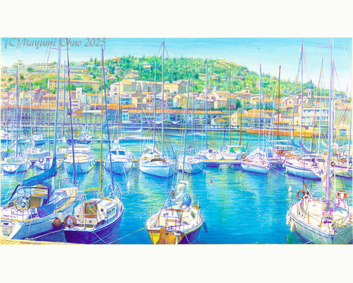 リヴィエラ　ヨーロッパ 地中海 風景画 水彩画 海 イタリア ヨット 南イタリア ☆地中海 版画 風景画 絵画 アクリル画 ヨーロッパ