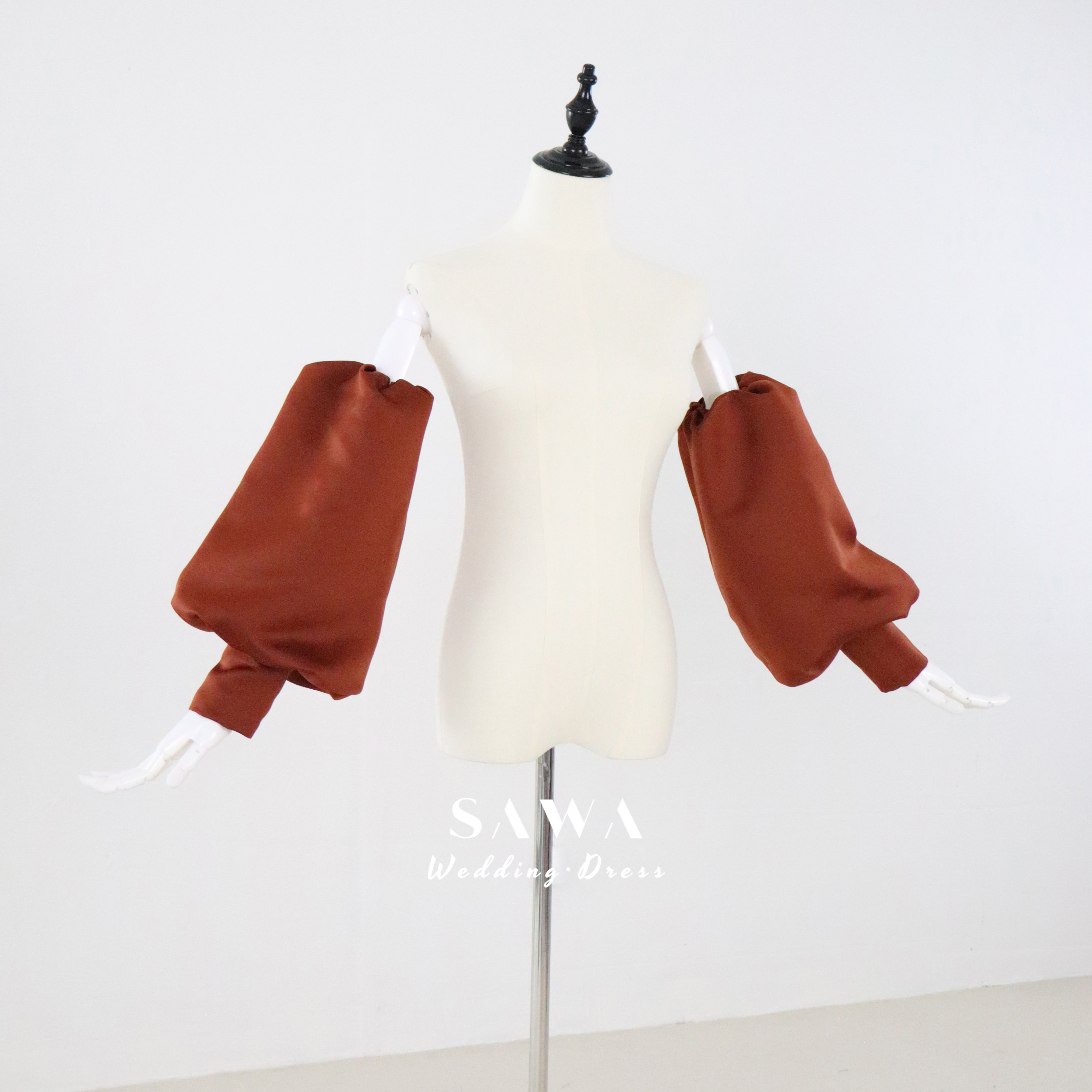 送料無料　お色直し　サイズオーダ可能　オフショルダー付け袖　高級サテン　長袖　ウェディングドレス小物　テラコッタ色結婚式