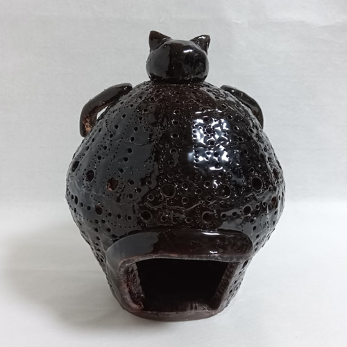 大きな猫のランプ 陶器 ネコ 黒 イルミネーション スタンドライト