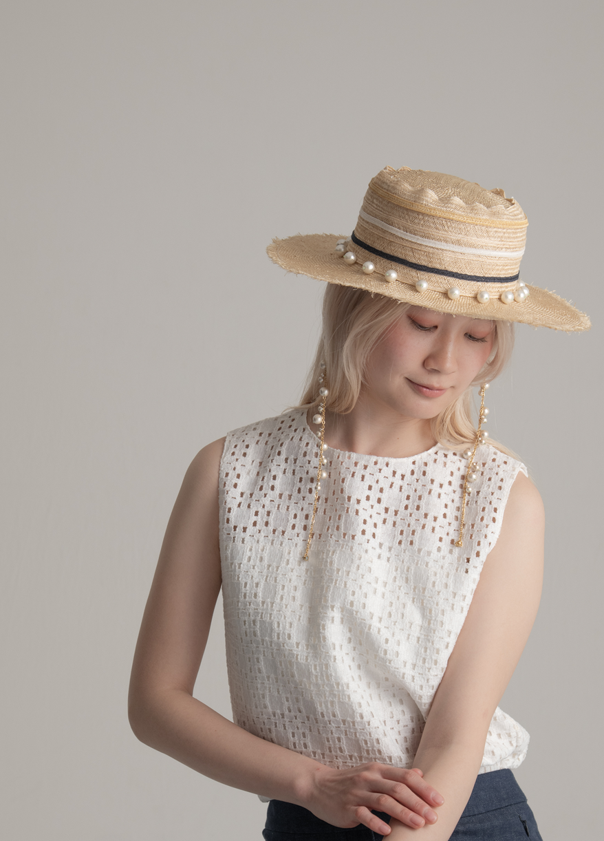 【1点もの】麻サマーハット・コットンパールチェーン付（出会い005-HAT）出会いシリーズ
