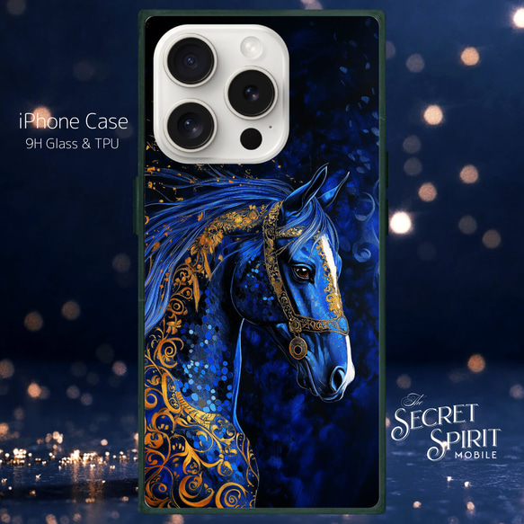 iPhoneケース 【 馬 ブルーホース B 】全機種対応 強化ガラスケース 耐