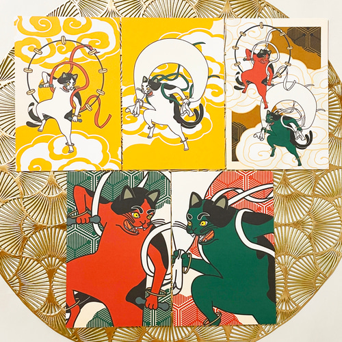 風神雷神猫又 ポストカード5枚セット 猫 動物 浮世絵 日本 和