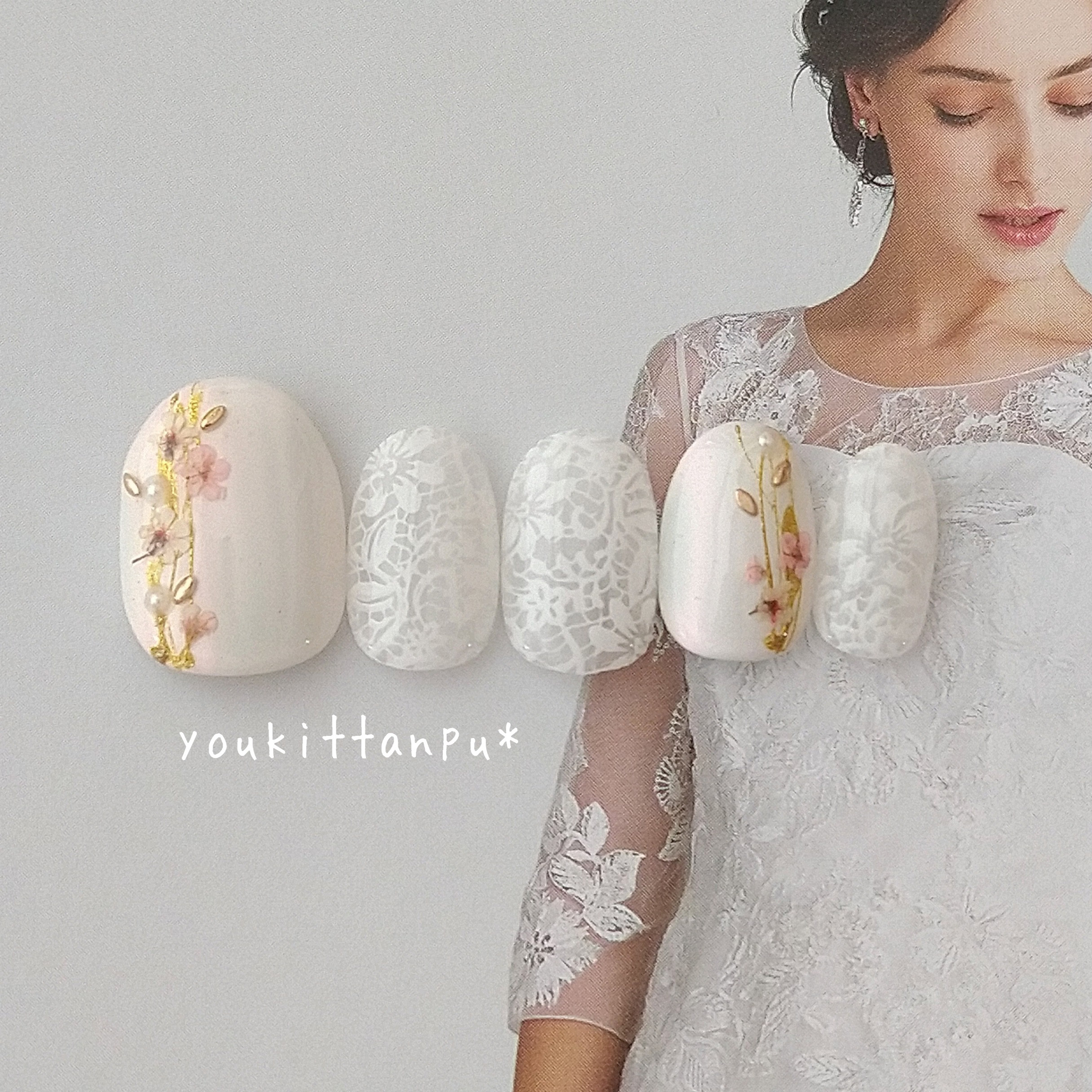 桃色押し花とレースの上品ネイル＊ネイルチップ つけ爪 結婚式 ブライダル ウェディング 白無垢 成人式 卒業式 シンプル