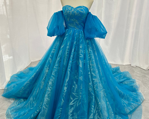 キラキラパフスリーブドレス 豪華！ ウェディングドレス ピンク キラキラグリッターチュール