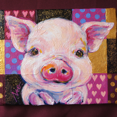 絵画　油絵　原画　一点物　動物　豚　ピンク　北欧　プレゼント　インテリア　F4 ◉一点物・再販不可】F0 ぶたの絵 ミニブタ 豚 ピンク オシャレ 小さめ