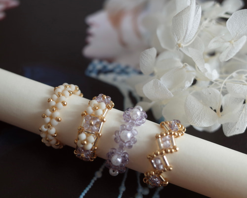 ビーズ　指輪他　ハンドメイド ハンドメイド ビーズリングセット❤︎クリアパープル 指輪・リング