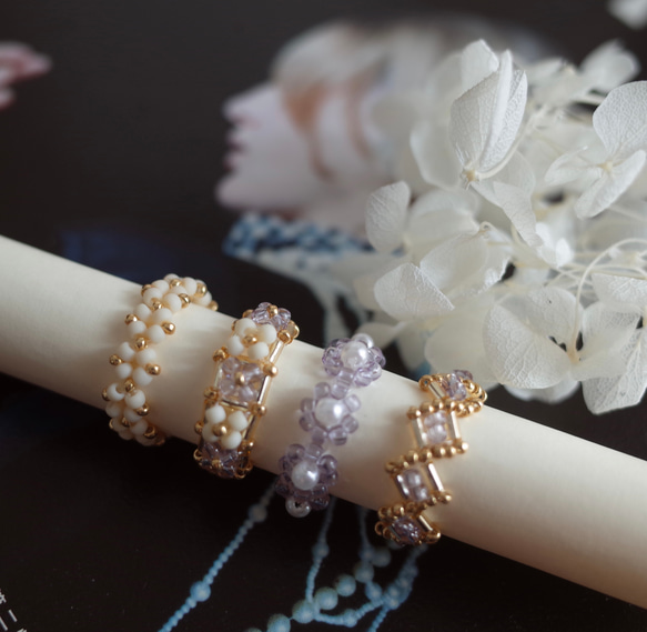 ハンドメイド ビーズリングセット❤︎クリアパープル 指輪・リング
