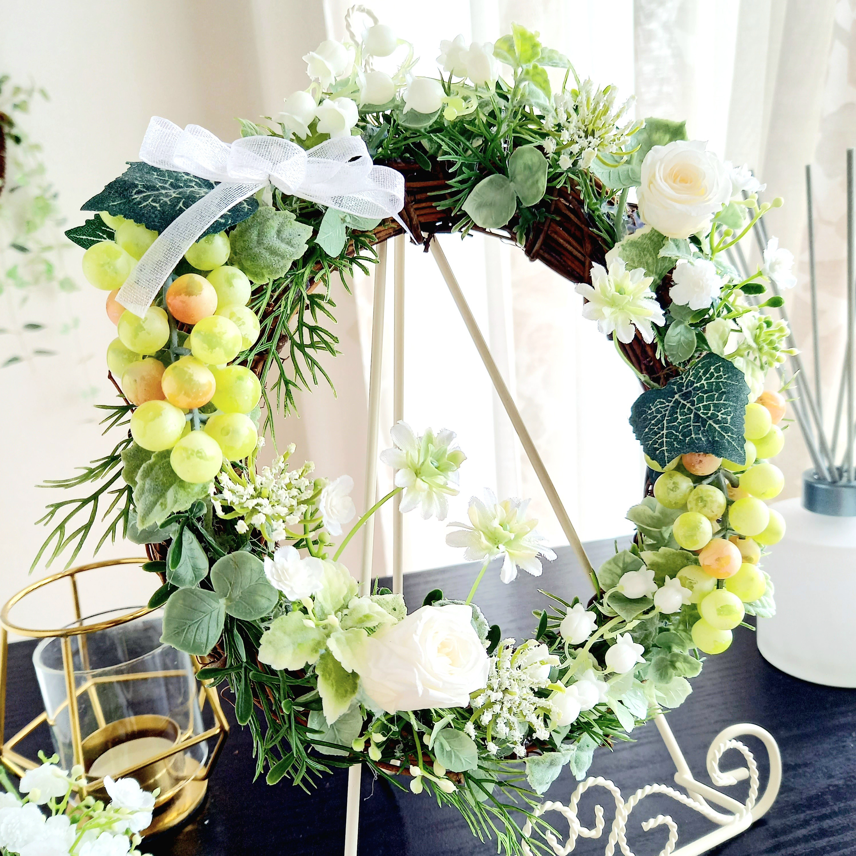 【リース】ぶどうのリース(グリーン&ホワイト)｜／誕生日プレゼント・新築祝い・秋インテリア