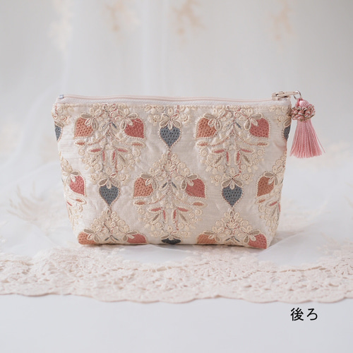 インド刺繍生地　ポーチ 巾着ポーチ インド刺繍生地 ピンクパープル | Lilili
