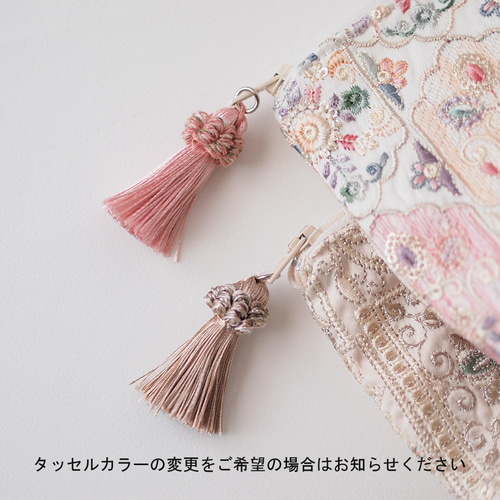 インド刺繍生地　ポーチ インド・インド刺繍生地 ポーチ・いちご柄 ベージュ系 ポーチ