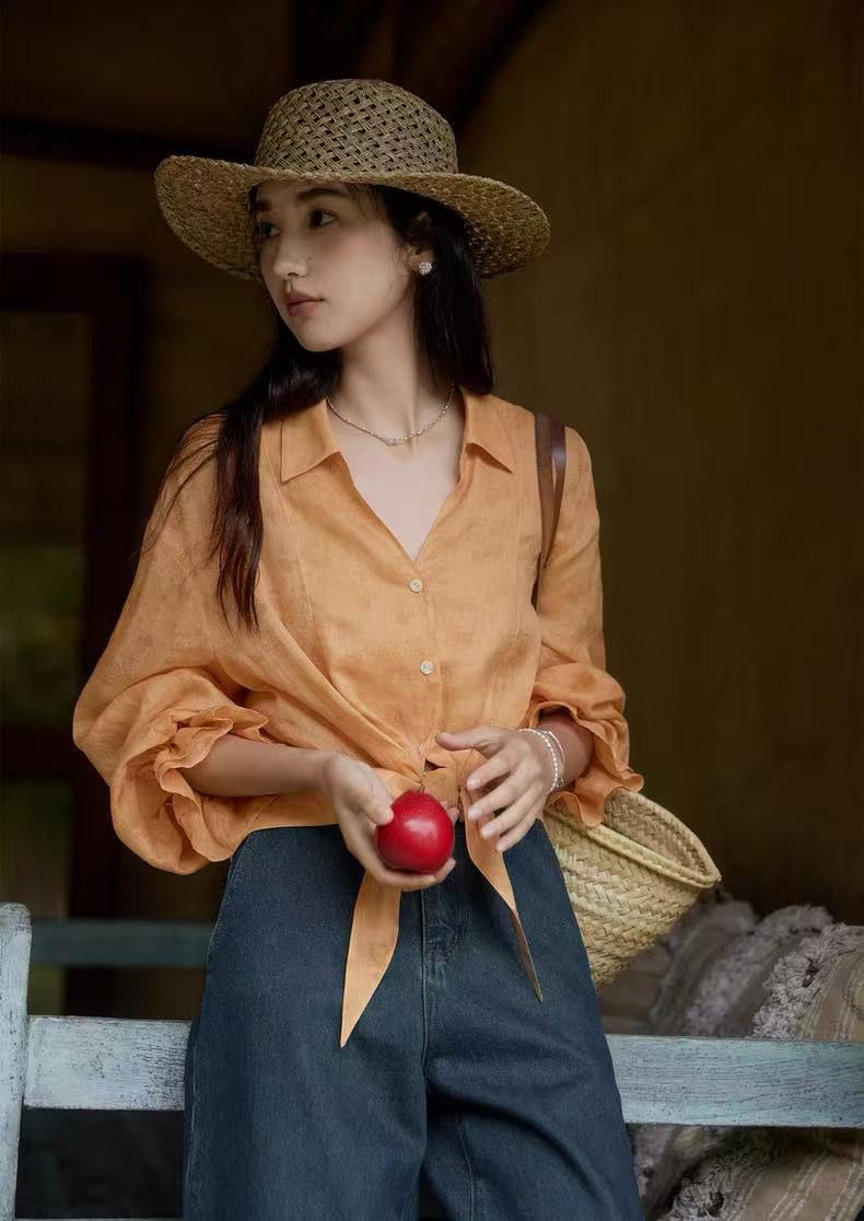 夏のラミーブラウス　長袖ブラウス　日焼け止めにも　ラミー100％　二色