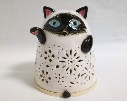 ネコのランプ 陶器 ヒマラヤン 猫 招き猫 花 スタンドライト・テーブル