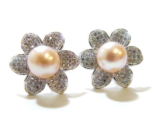 淡水本真珠ジルコニア入り シルバー925製淡水パールピアス オレンジ