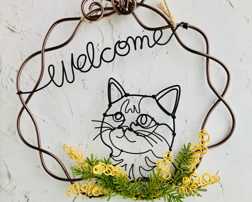 受注製作】見上げる猫が可愛い ミモザと猫 ワイヤーアート ワイヤー