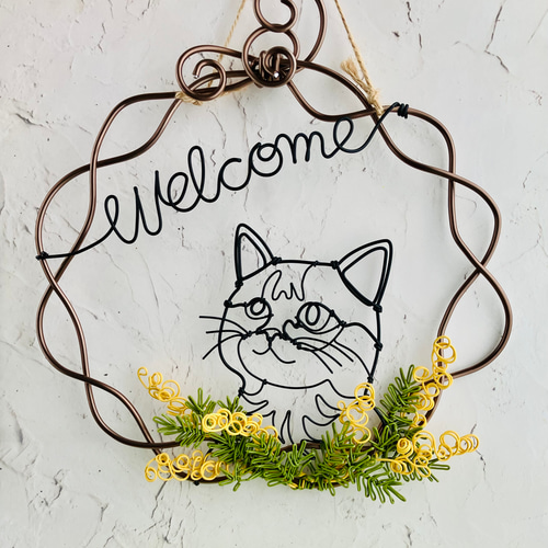 受注製作】見上げる猫が可愛い ミモザと猫 ワイヤーアート ワイヤー