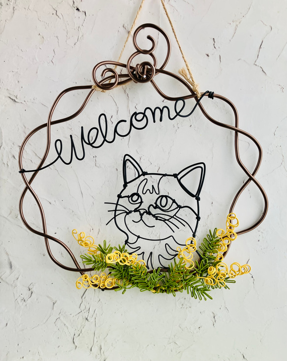 受注製作】見上げる猫が可愛い ミモザと猫 ワイヤーアート ワイヤー