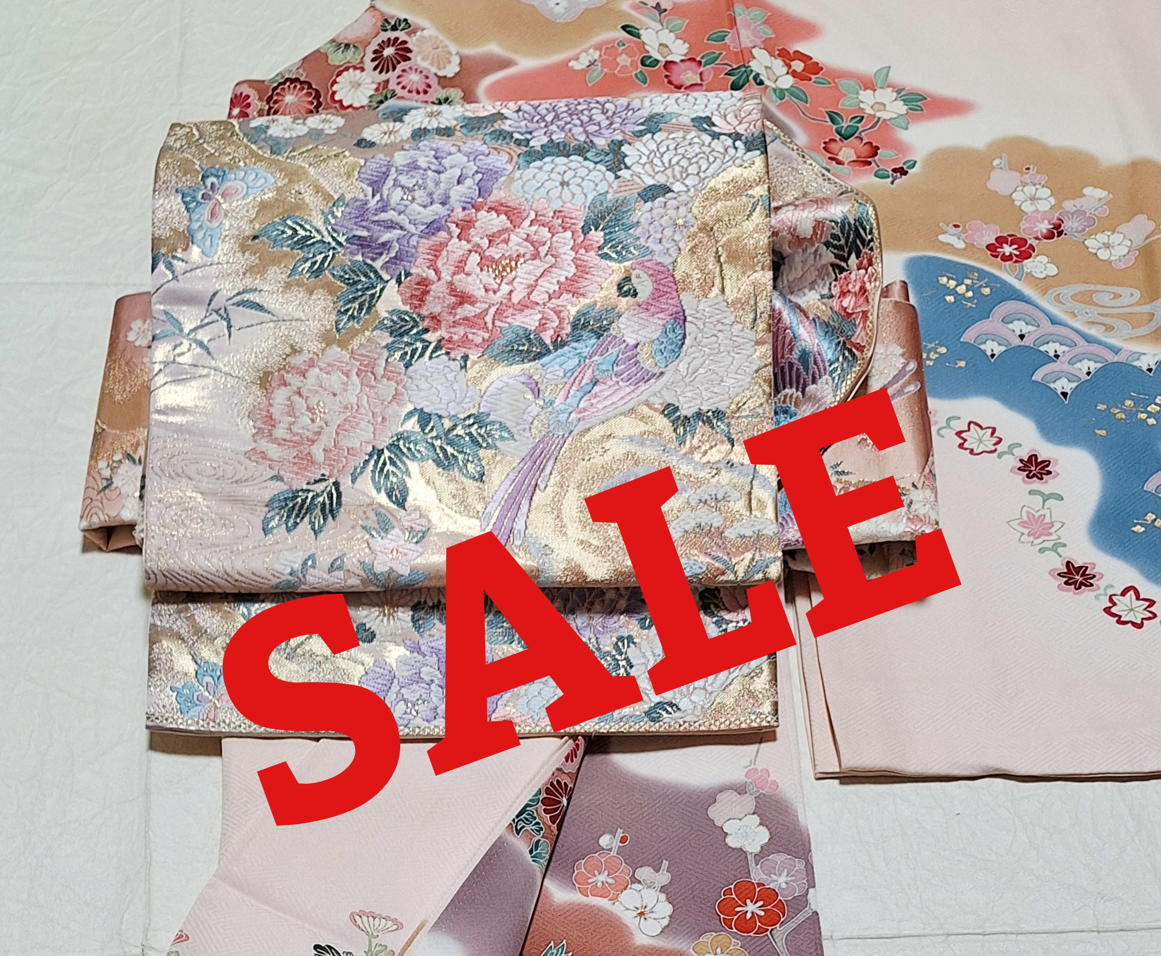 5,000円引き！ワンタッチ帯　くらわん帯　正絹袋帯リメイク　牡丹蝶々オウム文様　作り帯　簡単帯