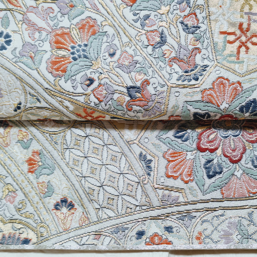 らワンタッチ帯 くらわん帯 正絹袋帯リメイク 金糸銀糸更紗文様 作り帯